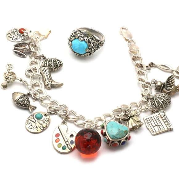 None Jewelry - Vintage 925 Silver Gems Multi Charm Bracelet Ring